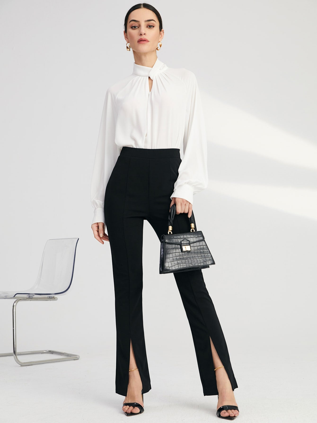 بنطلون موحدة اللون بحافة شق ملابس العمل