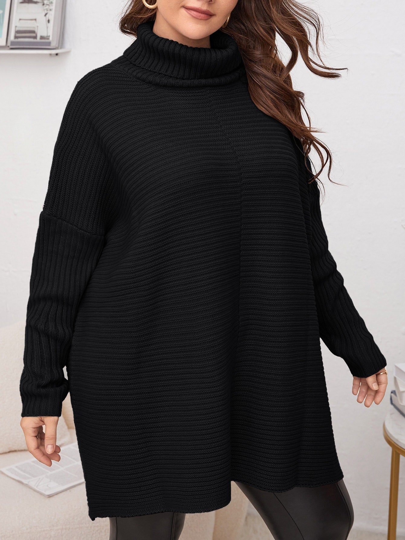 مقاس كبير كنزة صوف ياقة دائري اكمام جناح الخفاش