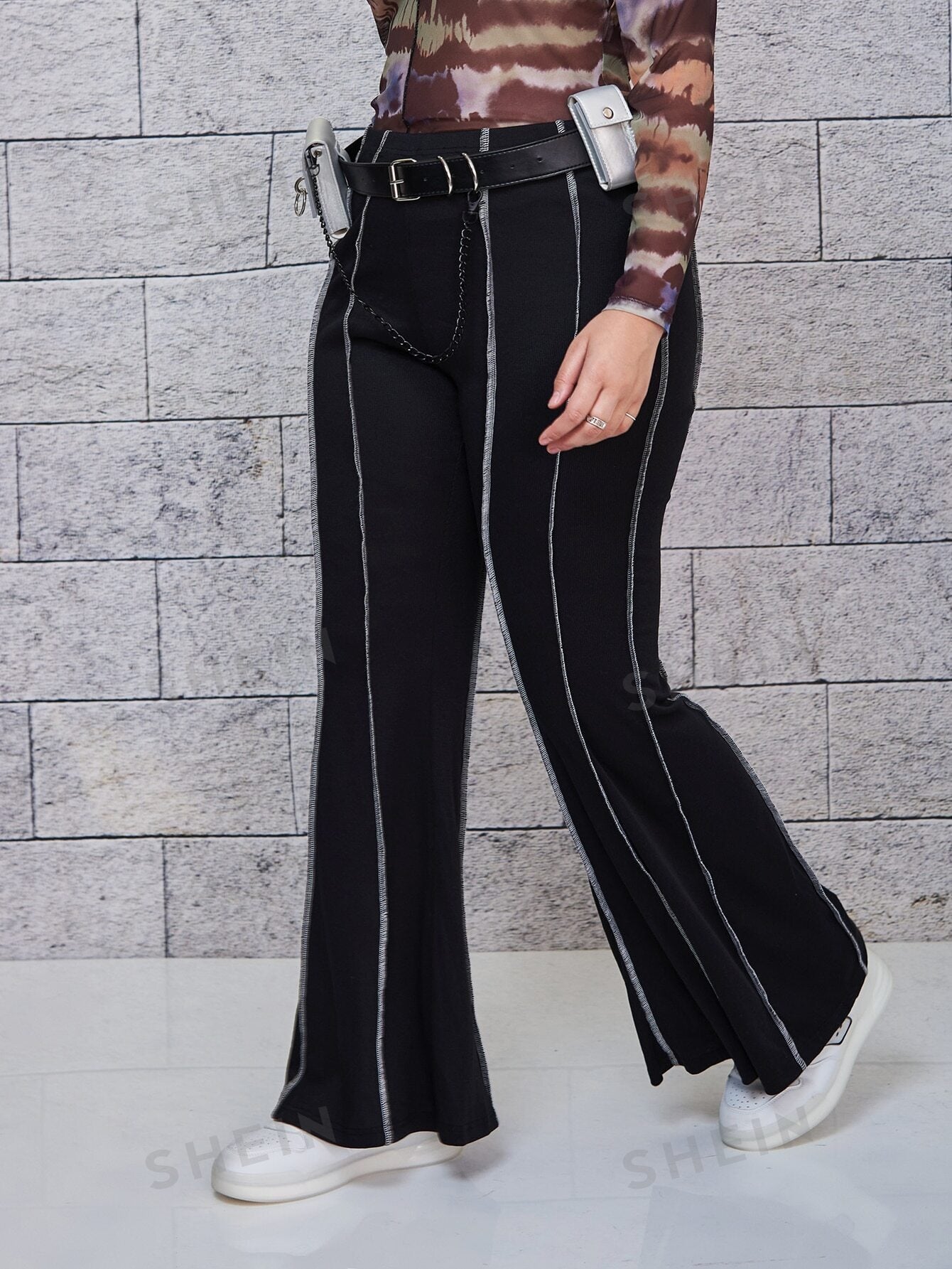 مقاس كبير بنطلون بساق واسع خصر عالي بدون حقيبة