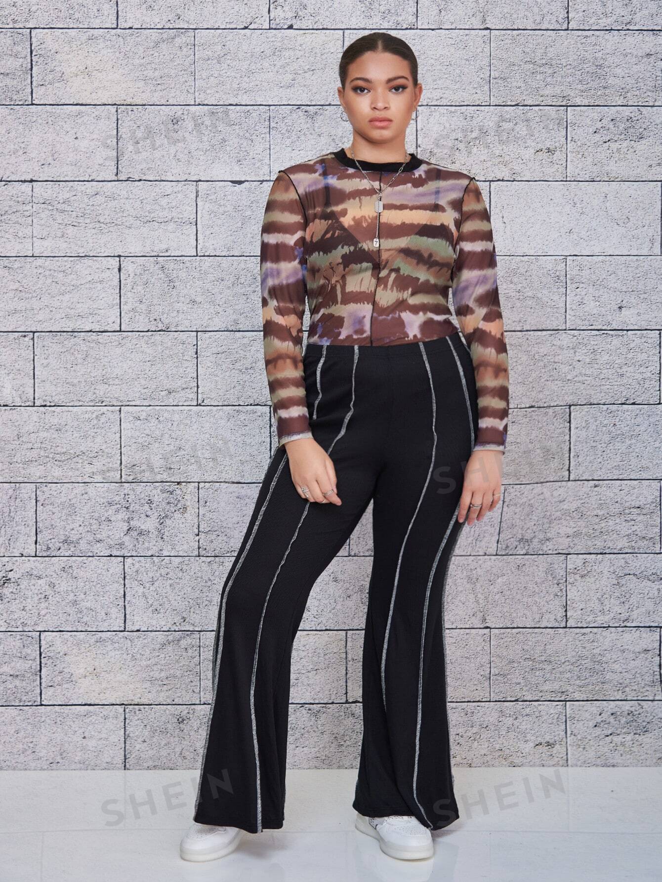 مقاس كبير بنطلون بساق واسع خصر عالي بدون حقيبة