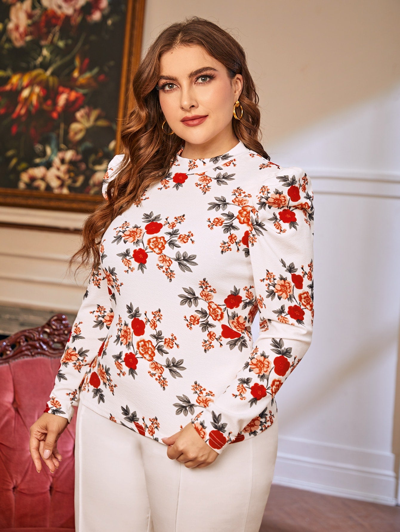 مقاس كبير لباس علوي طباعة الأزهار ياقة مستديرة اكمام شكل ساق الضأن