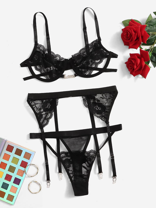 طقم ملابس داخلية دانتيل زهري حلقة معدني ربطة ساق