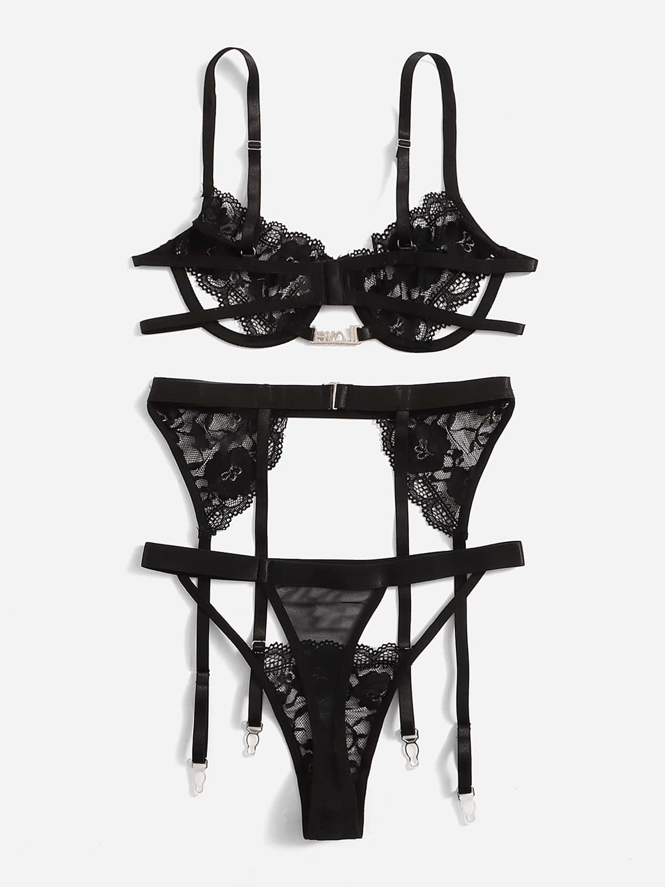 طقم ملابس داخلية دانتيل زهري حلقة معدني ربطة ساق