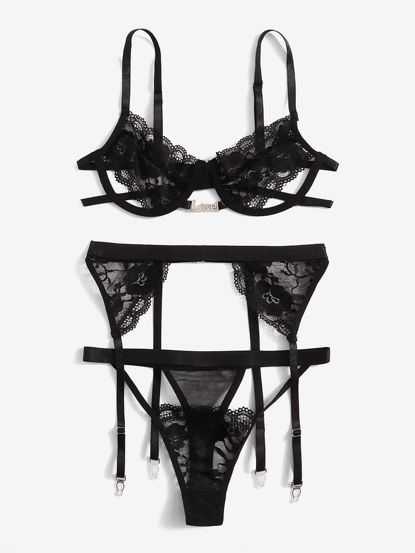 طقم ملابس داخلية دانتيل زهري حلقة معدني ربطة ساق