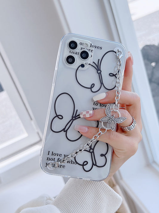 كفر هاتف شفاف جرافيك الفراشة مع سلسلة شريط يد