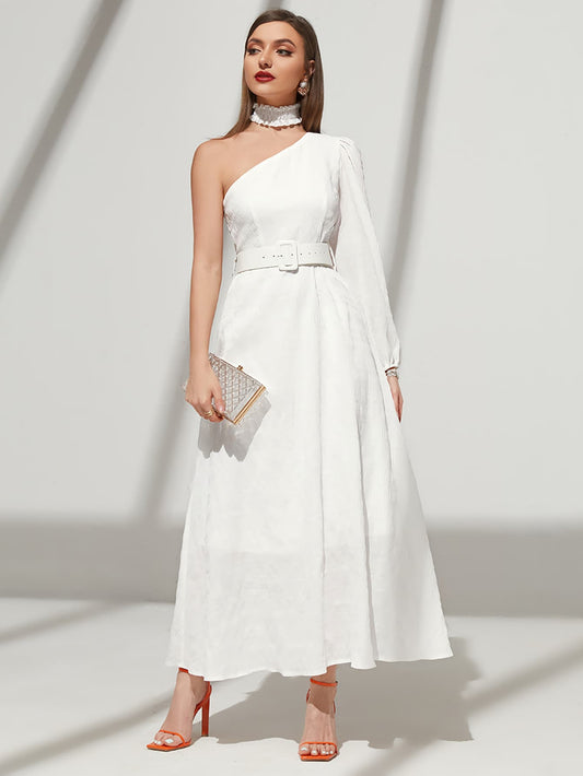 فستان بكتف واحد وحزام وأكمام فانوس