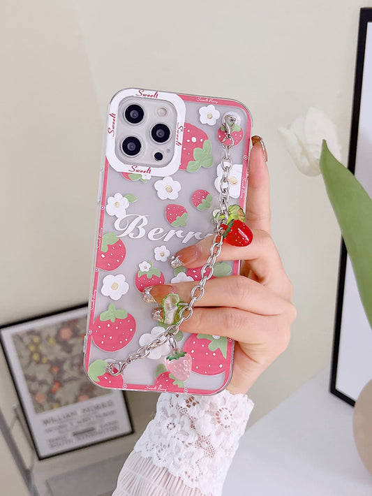 كفر هاتف شفاف فراولة لوحة مع سلسلة شريط يد