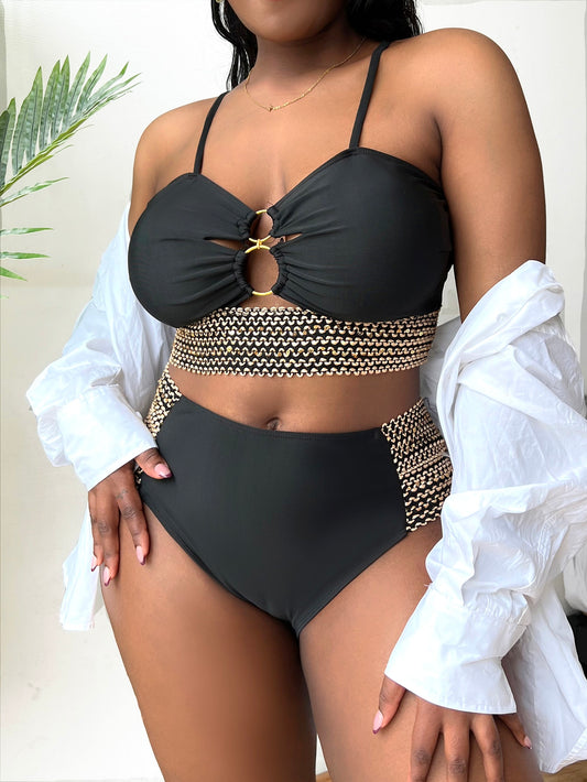 مجموعة بيكيني بتفاصيل الخياطة المرتبطة بالحلقات الكبيرة، حجم إضافي، للصيف والشاطئ