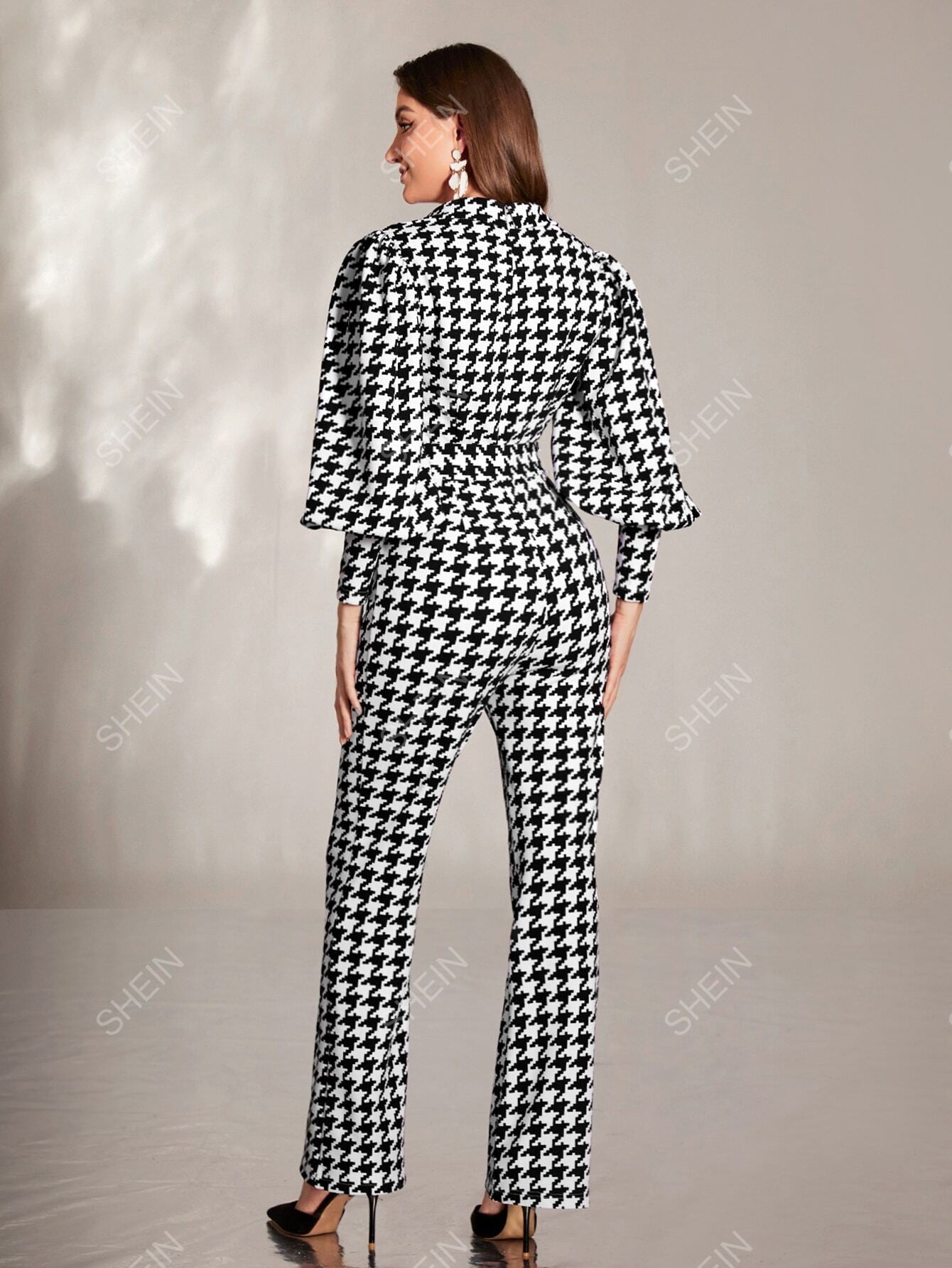 جمبسوت مربعات مسنن أكمام فانوس ساق واسع من الاسفل