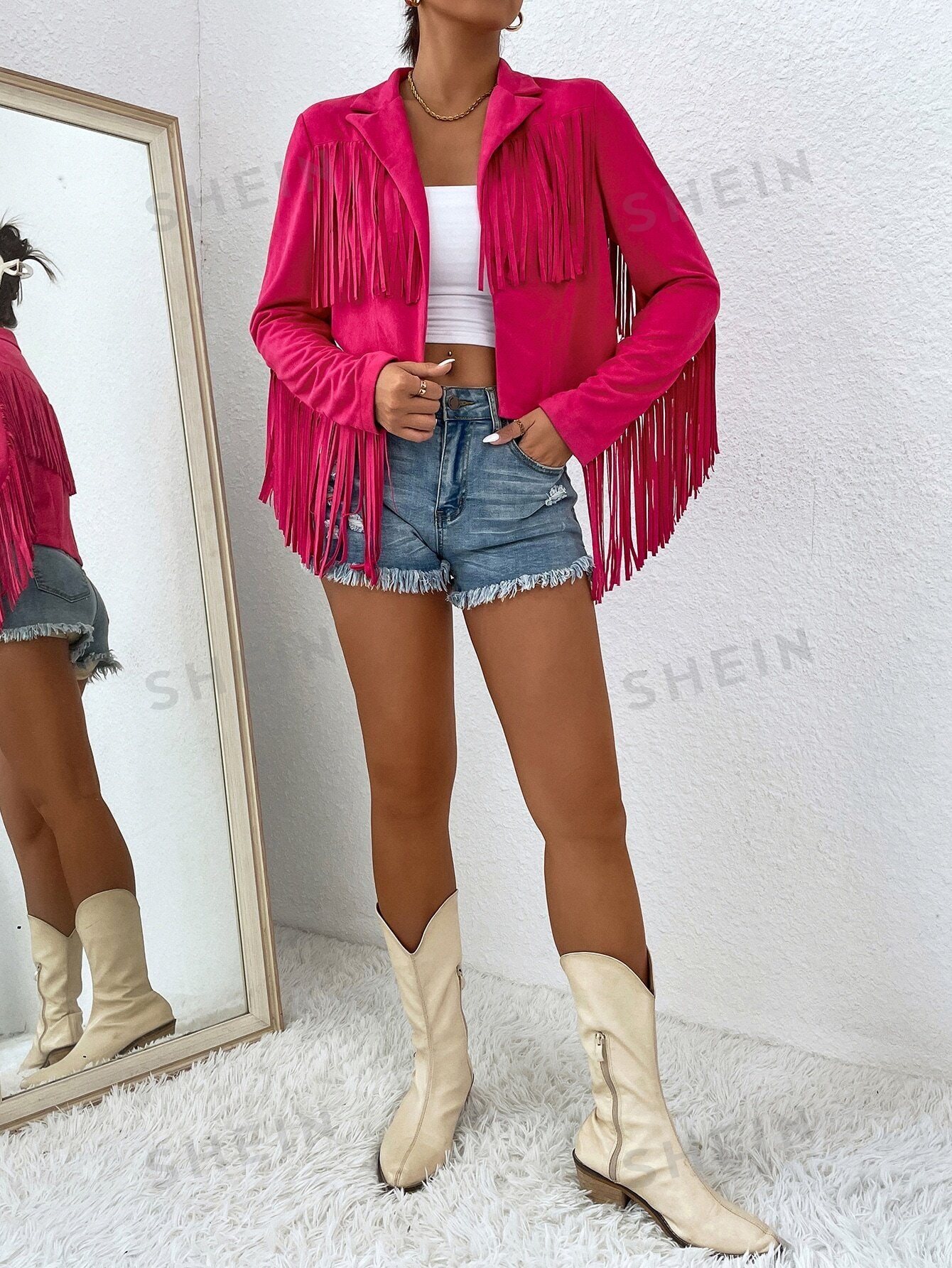 جاكيت مقلم كشكش مفتوح امامي