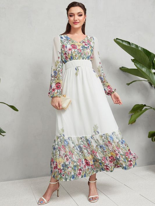 فستان شيفون بأطراف مكشكشة وخصر مكرنش وأكمام فانوس وطباعة زهور