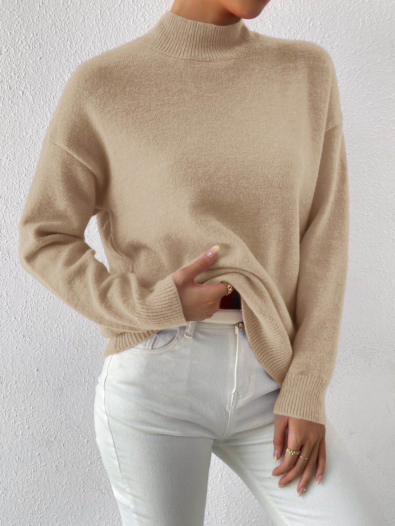 بلوزة كنزة صوفية ذات ياقة مزيفة وأكتاف متساقطة، تناسب السيدات للخريف والربيع، كم طويل بياقة عادية وأكتاف متساقطة بلون المشمش