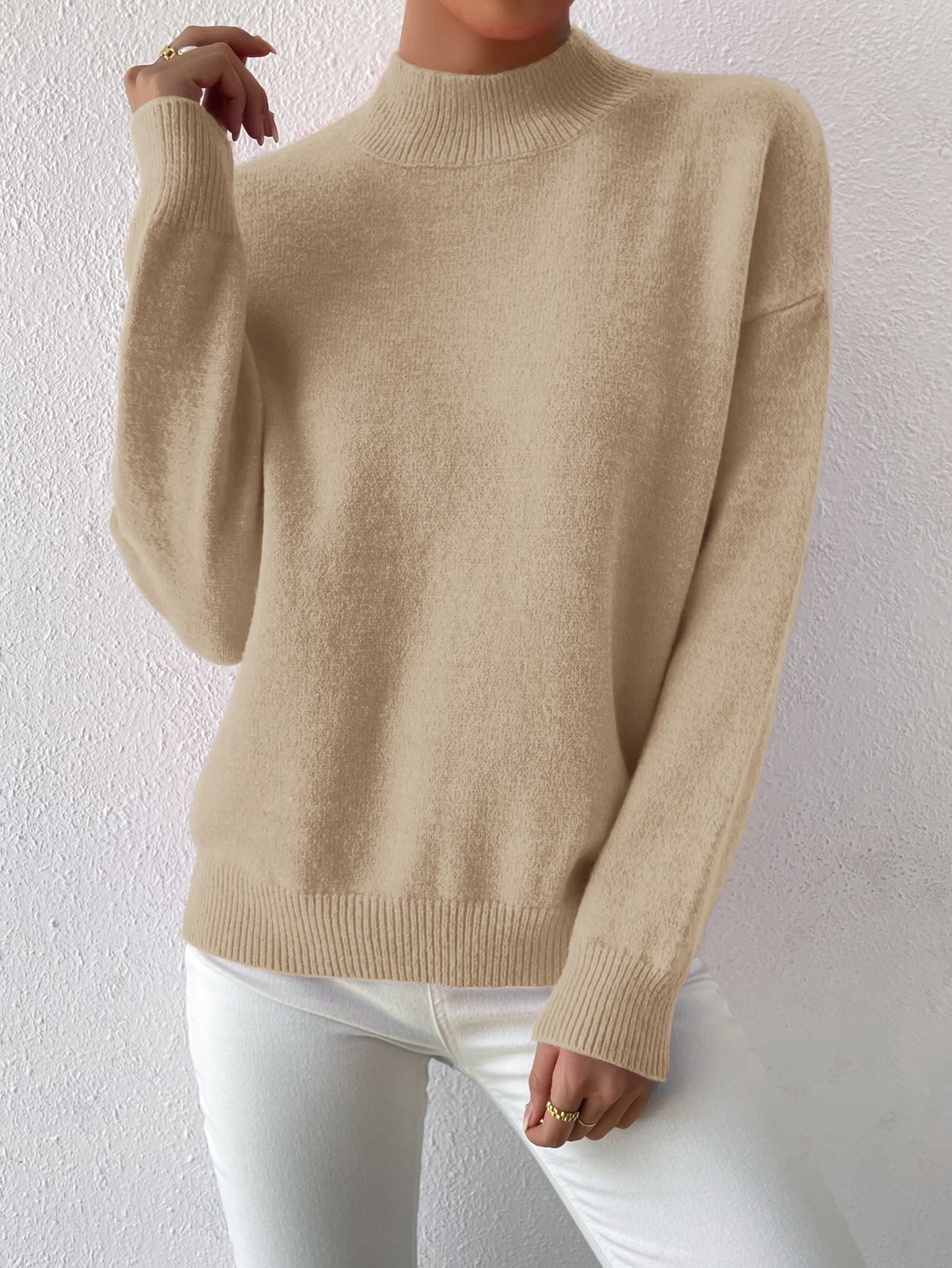 بلوزة كنزة صوفية ذات ياقة مزيفة وأكتاف متساقطة، تناسب السيدات للخريف والربيع، كم طويل بياقة عادية وأكتاف متساقطة بلون المشمش