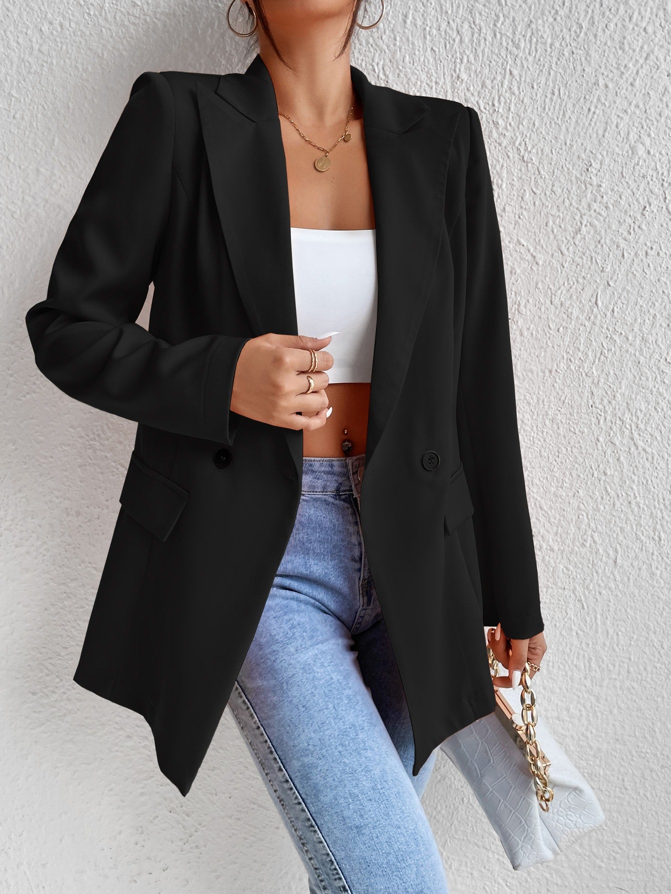 جاكيت أزرار مزدوجة ياقة مطوي مسنن