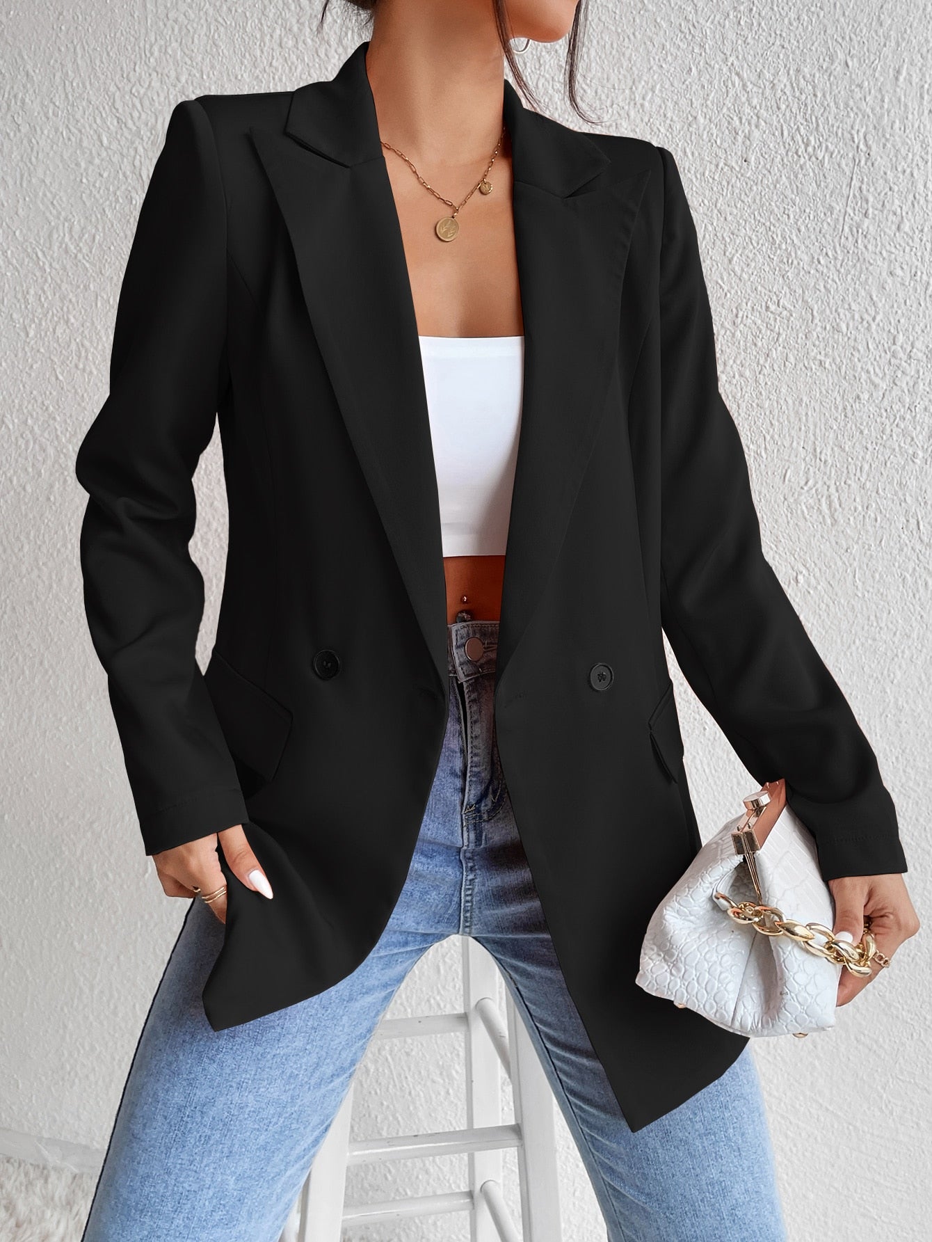 جاكيت أزرار مزدوجة ياقة مطوي مسنن