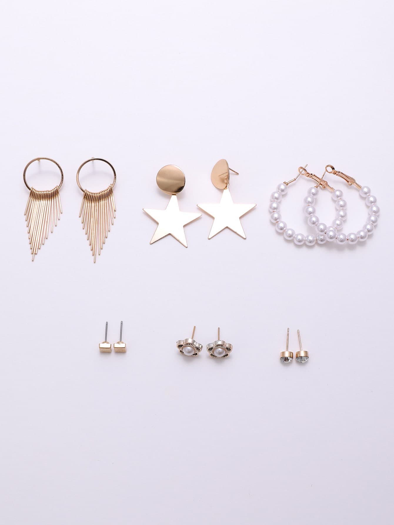 أقراط ديكور نجمة ولؤلؤة مزيفة 6 أزواج