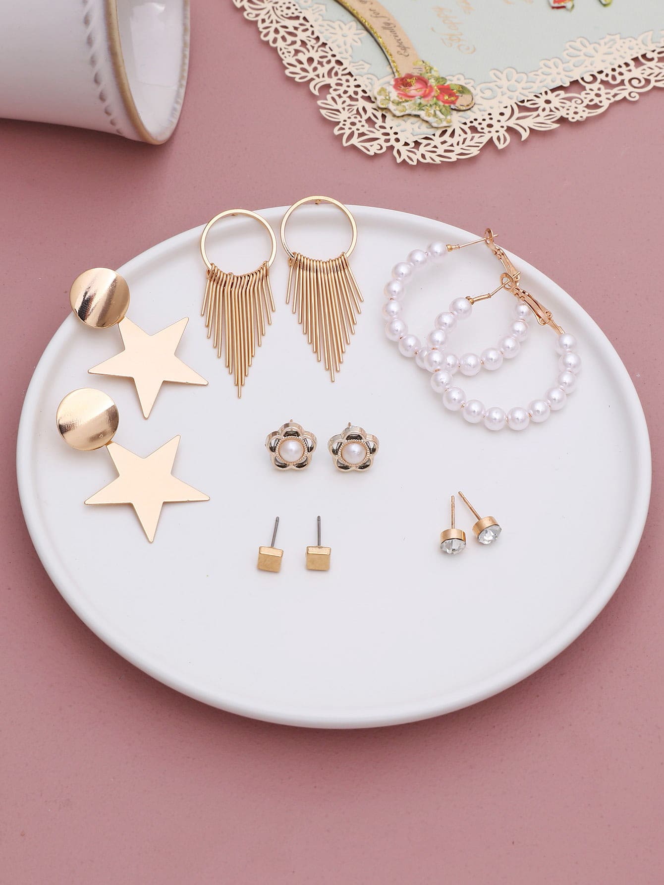 أقراط ديكور نجمة ولؤلؤة مزيفة 6 أزواج