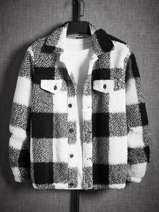 معطف تيدي بنمط أحمر وأسود كبير الحجم للرجال، بدون تي شيرت