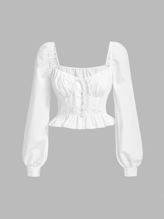 بلوزة موحدة اللون ربطة امامية حافة مكشكشة