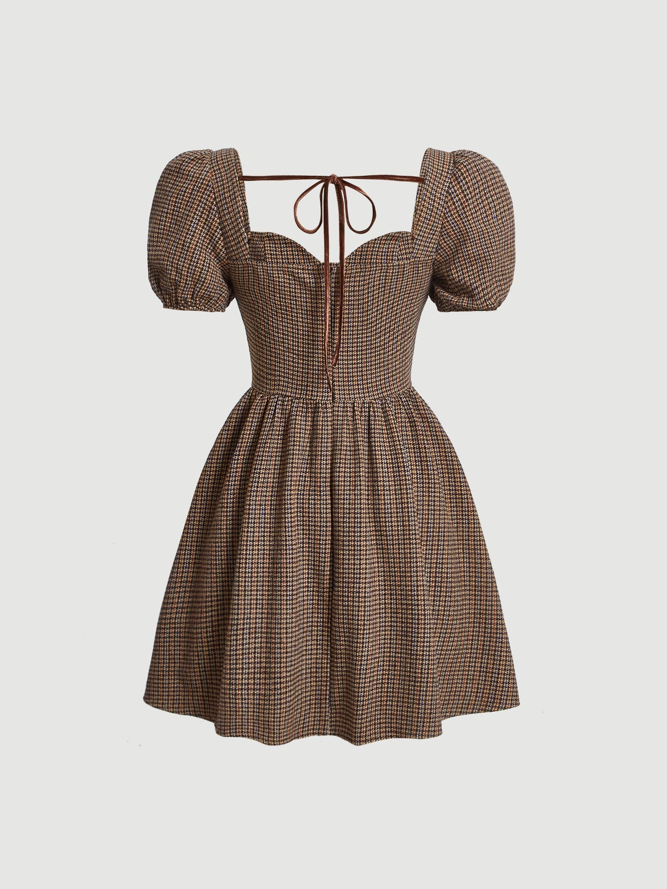 فستان طباعة مربع النقش اكمام منتفخة بربطة ظهر