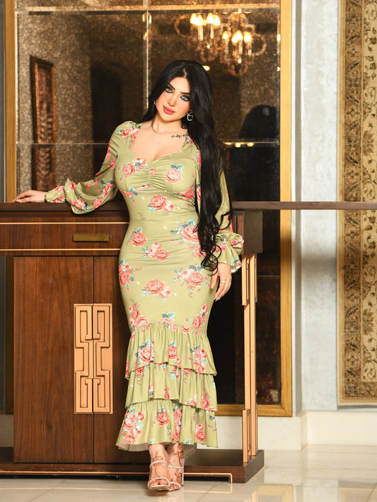 فستان طباعة الأزهار اكمام منتفضة طية صدر حافة طبقات