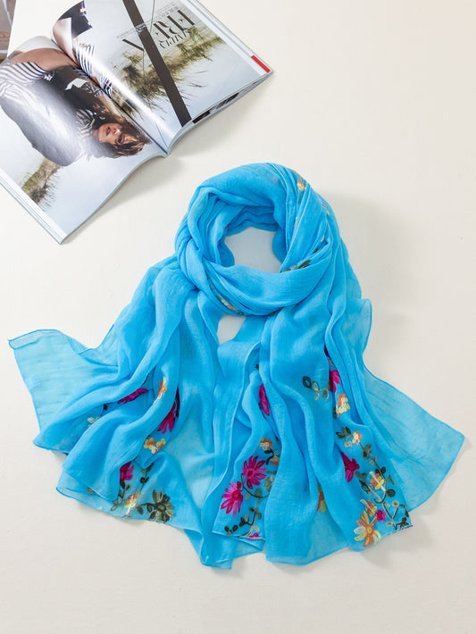 وشاح ناعم وخفيف مطرز بالأزهار للنساء، بطراز البوهيمي للسفر والعطلات قطعة واحدة