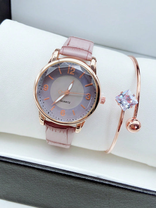 قطعة واحدة نساء وردي بولي يوريثين PU حزام موضة مستدير ساعة كوارتز دائري
