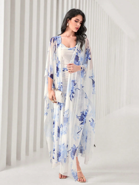 طباعة الأزهار اكمام جناح الخفاش معطف و فستان كامي