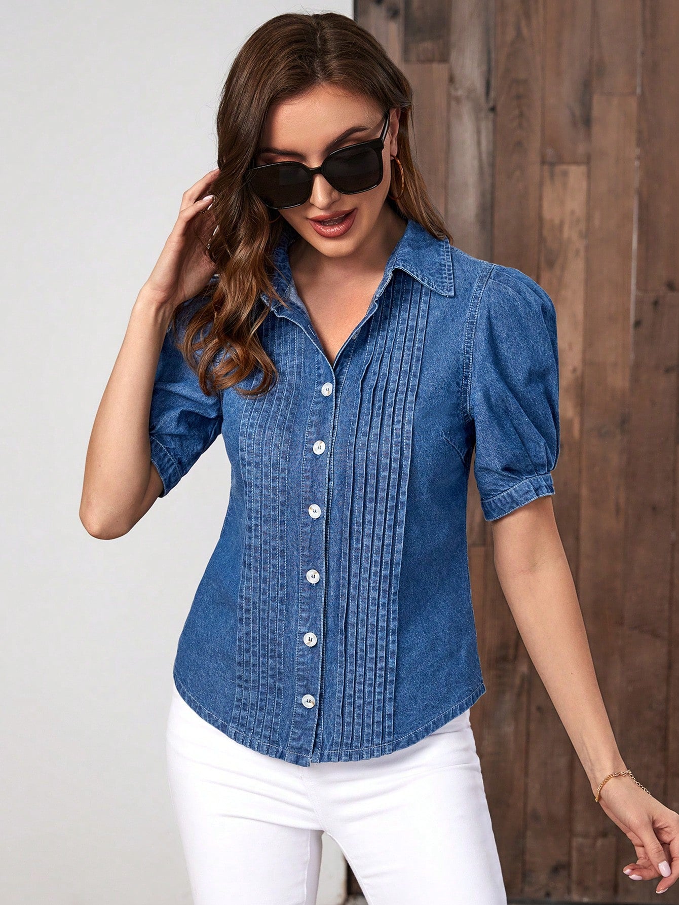 بلوزة دينيم اكمام منتفخة بتفاصيل طية التجاعيد