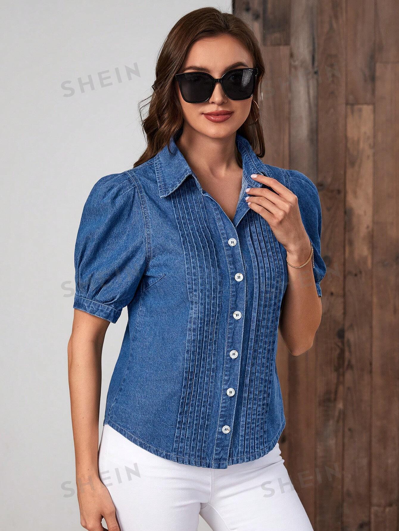 بلوزة دينيم اكمام منتفخة بتفاصيل طية التجاعيد