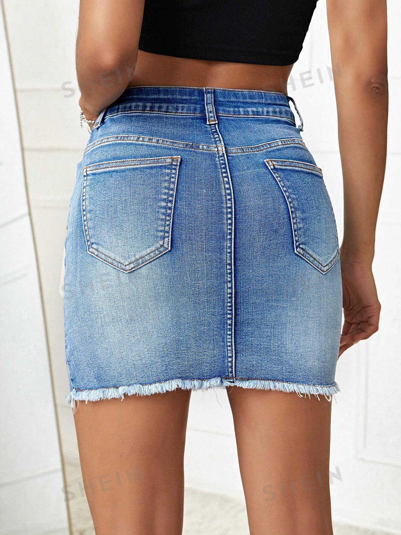 تنورة دنيم ممزق حافة خام