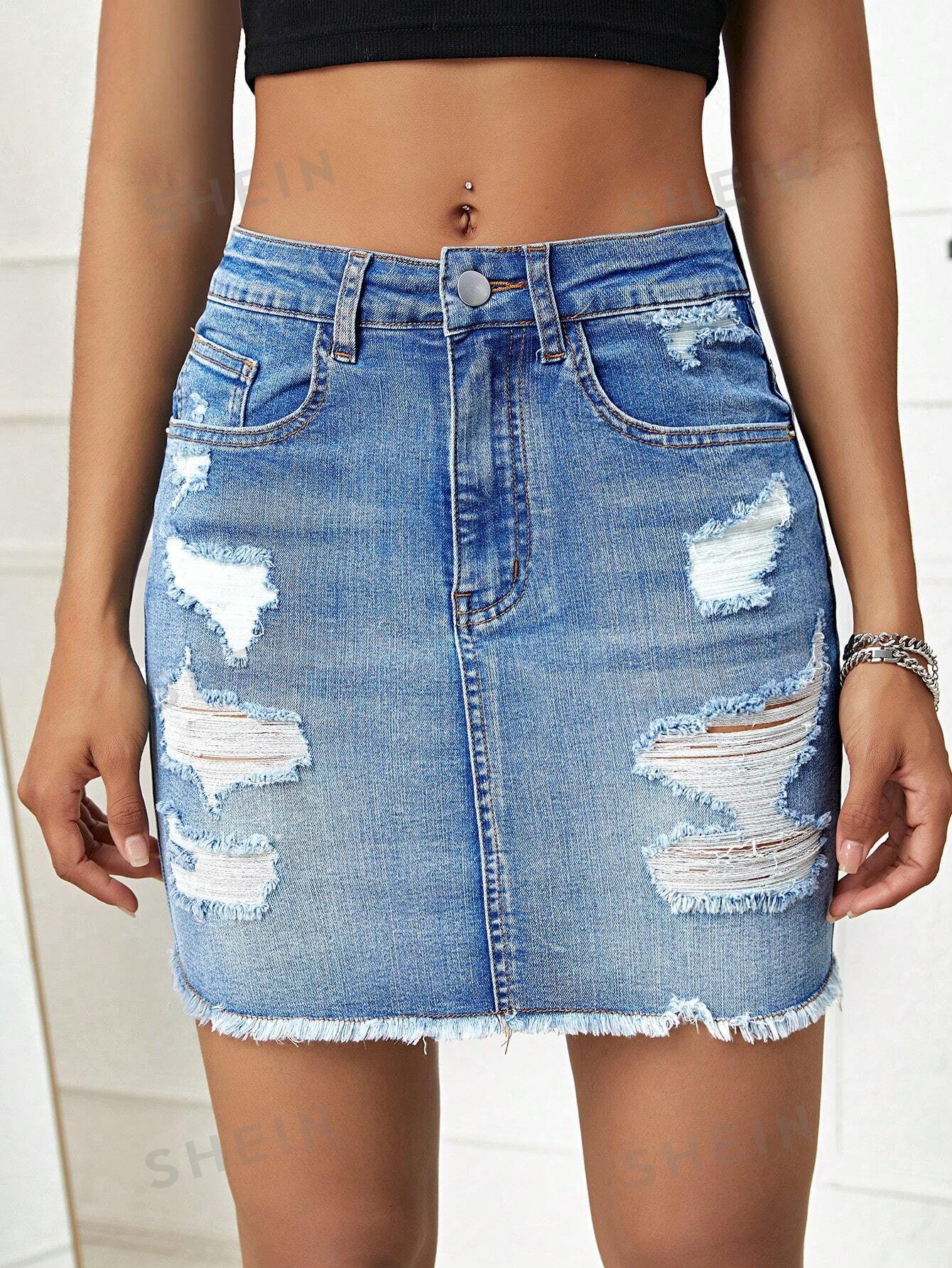 تنورة دنيم ممزق حافة خام