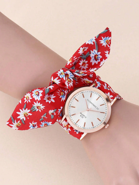 نمط زهري بتصميم وشاح توايلي مخملي حزام الموضة مستدير قرص كوارتز الى الحياة اليومية قطعة واحدة نساء