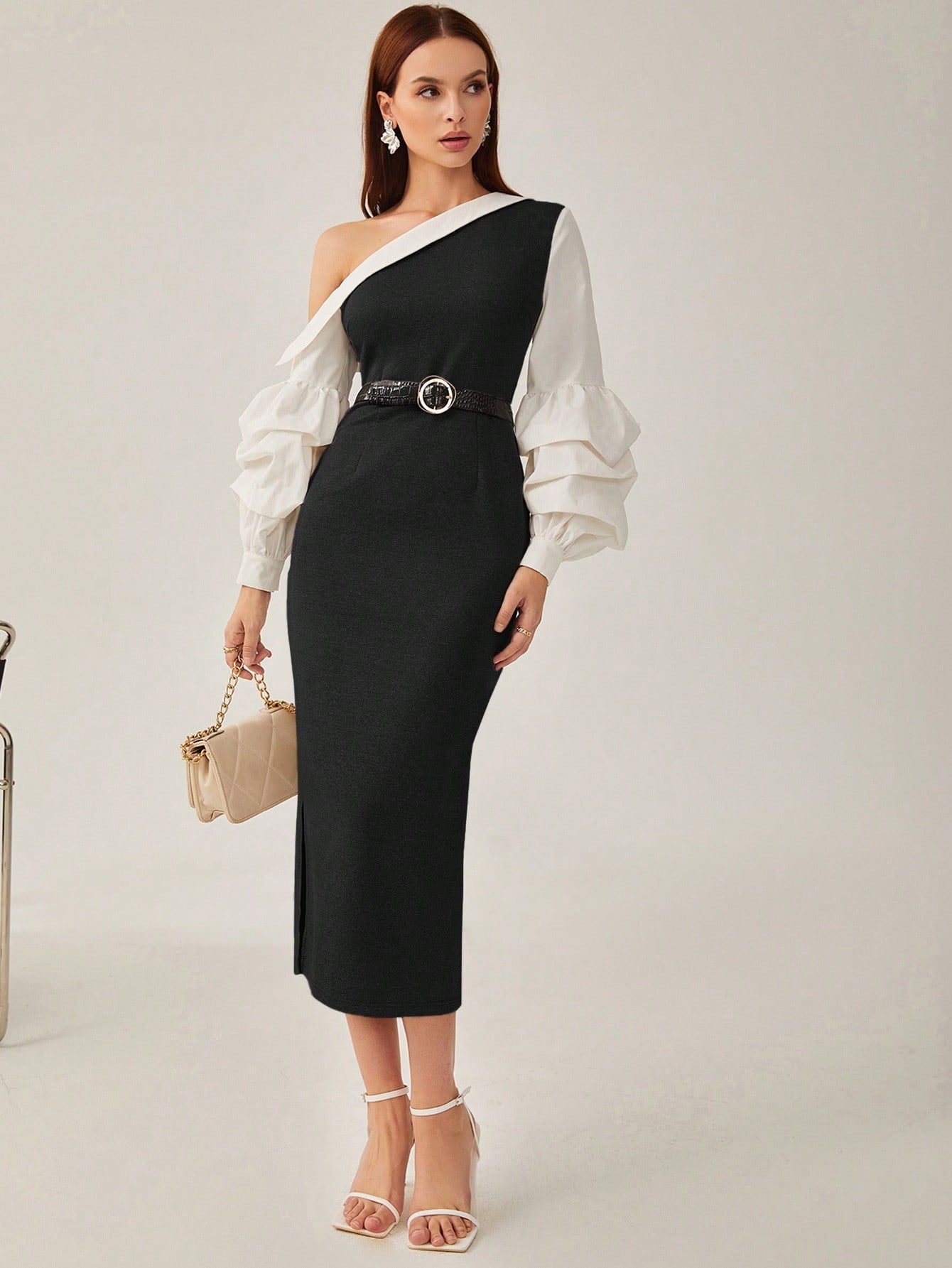 فستان ياقة غير متماثل أكمام فانوس بحافة شق بدون حزام ملابس العمل