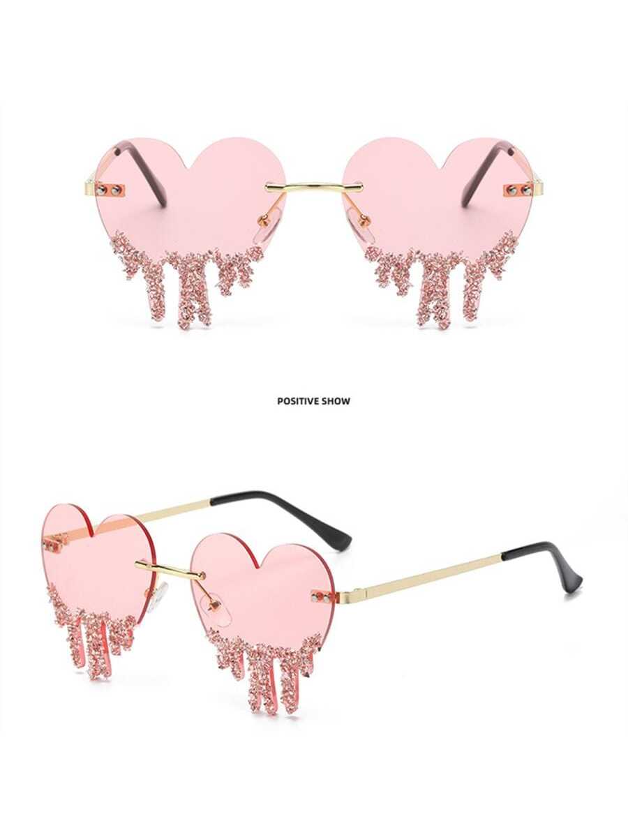 نظارات شمسية بدون إطار بديكور حجر الراين عدسة القلب الى خارجي نساء