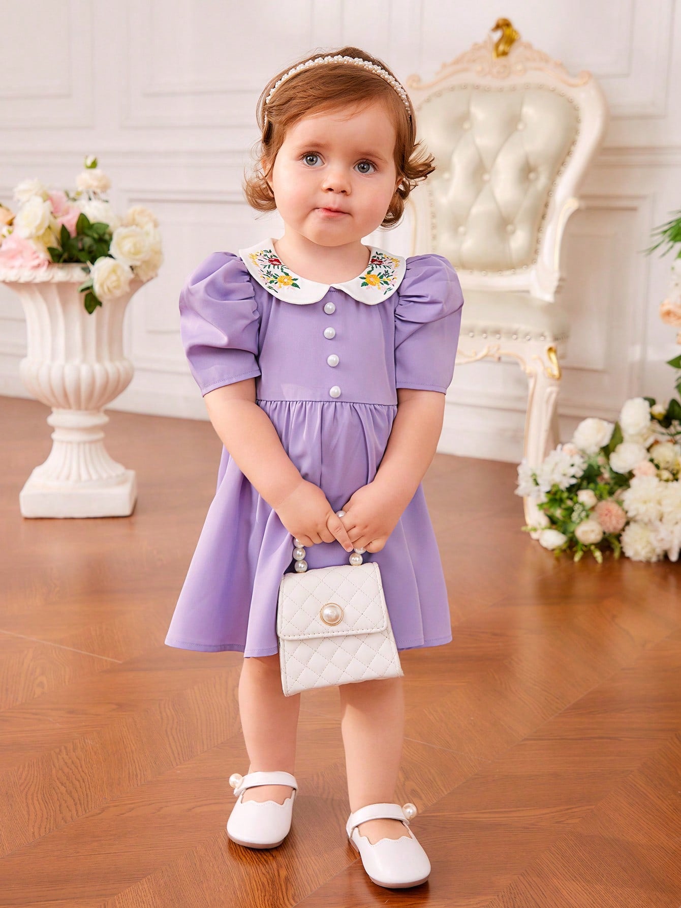 فستان قطني للأطفال الرضع بيتر بان طوق زهري تطريز زهري ، أكمام منتفخة