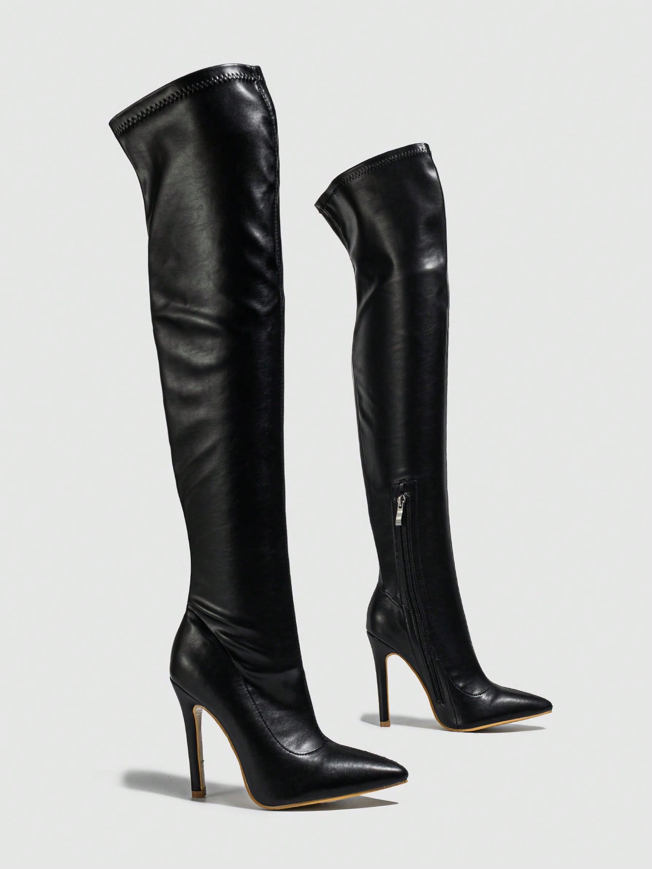 بوت جلدية كاحل عالي بكعب رفيع مدبب للنساء، أسلوب نادي الليل والحفلات، مزودة بسحاب جانبي