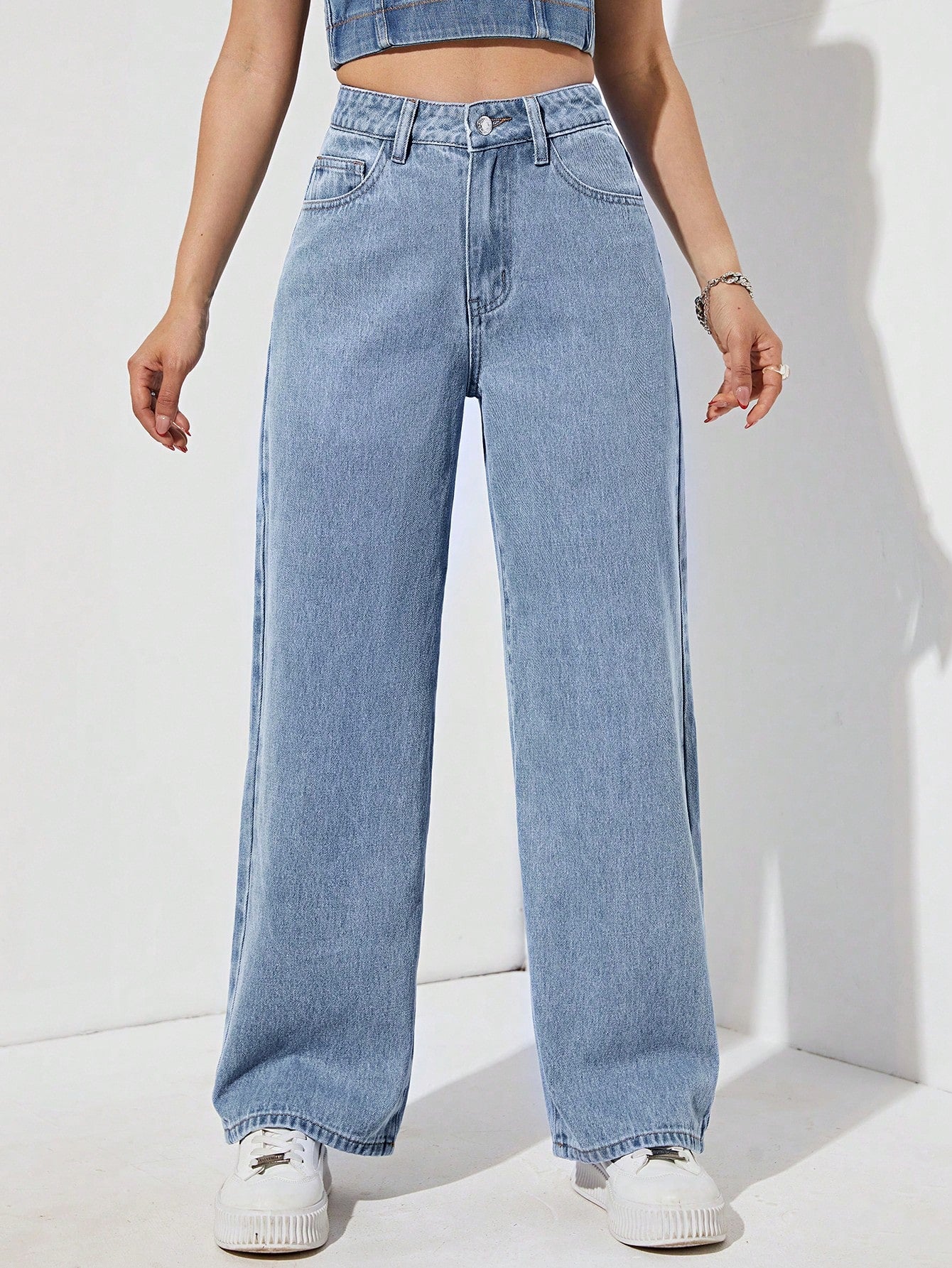 بنطلون جينز موحدة اللون خصر عالي ساق عريضة