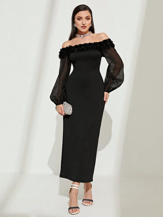 فستان تصميم أبليكوي شبكة المتباين شفاف ممزق سستة الصاف أنيقة