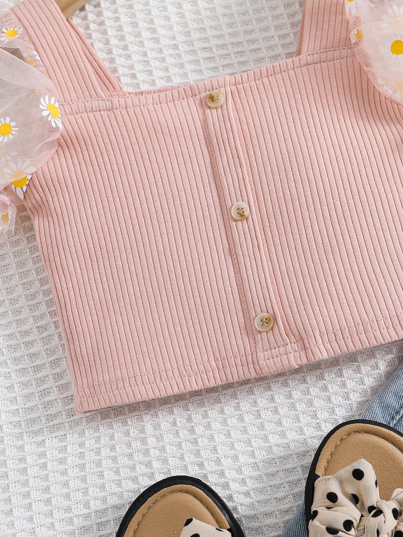 توب طفلة طباعة الزهور بطابع الأزهار الصغيرة والأكمام مجمعة من الشبكة المتناقضة