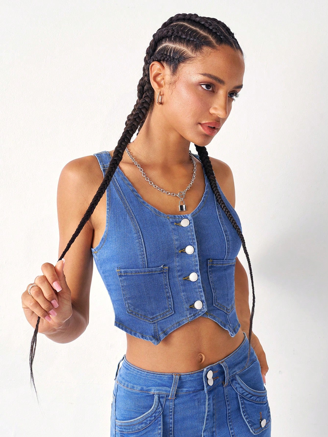 لباس علوي تانك أزرار أمامية قصير دنيم