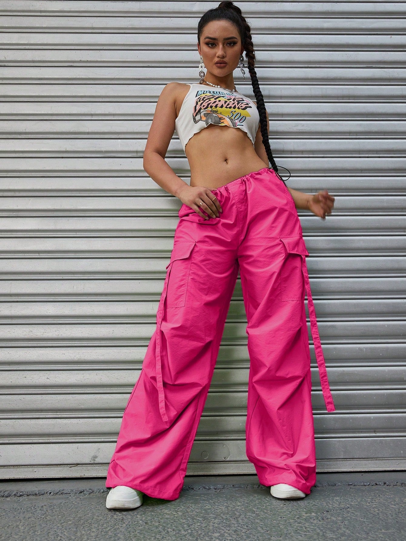 سروال المظلة موحدة اللون جيب قلاب رباط خصر