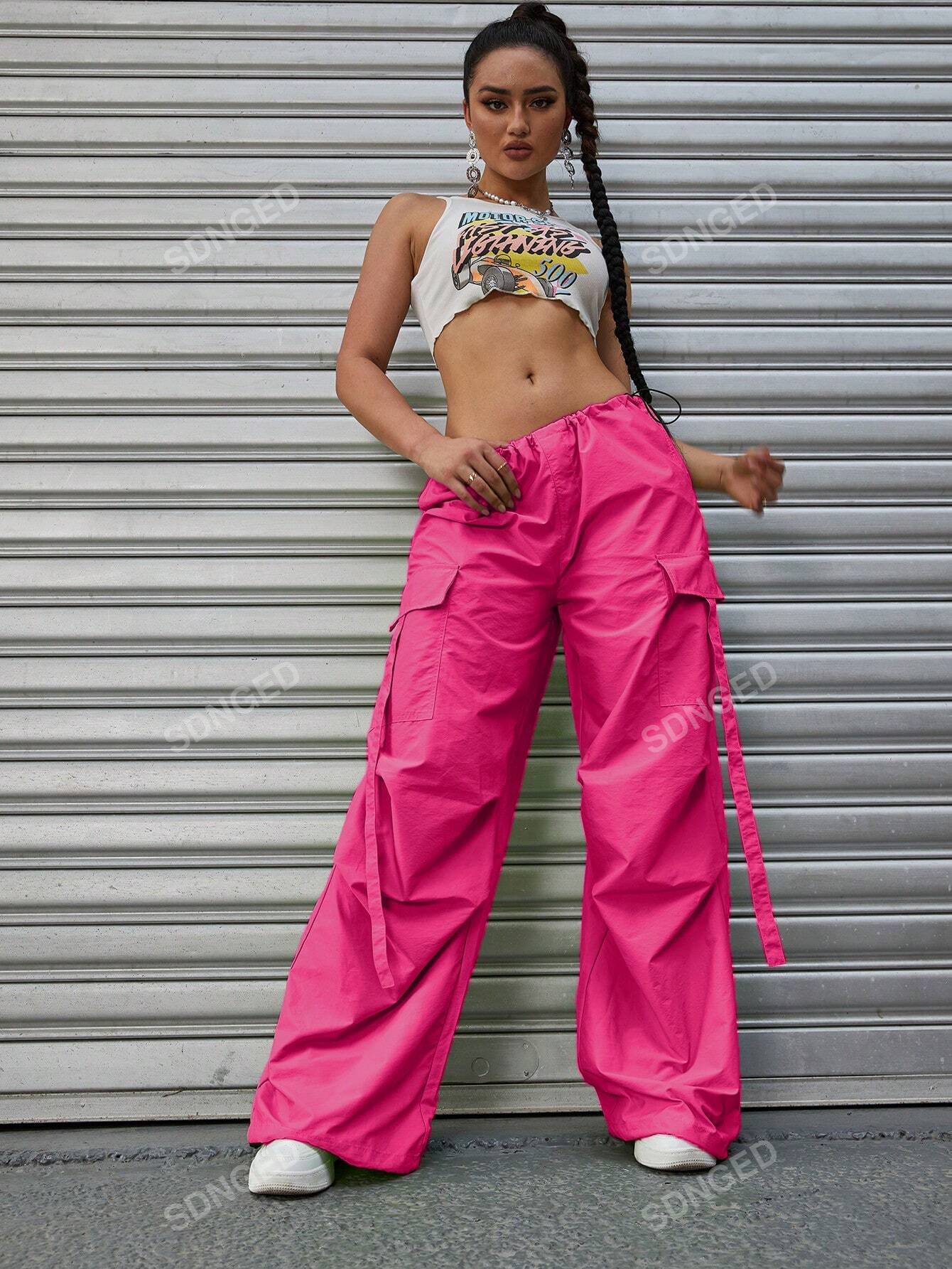 سروال المظلة موحدة اللون جيب قلاب رباط خصر