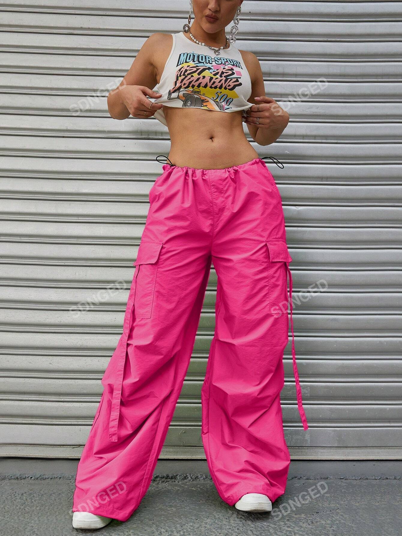 سروال المظلة موحدة اللون جيب قلاب رباط خصر