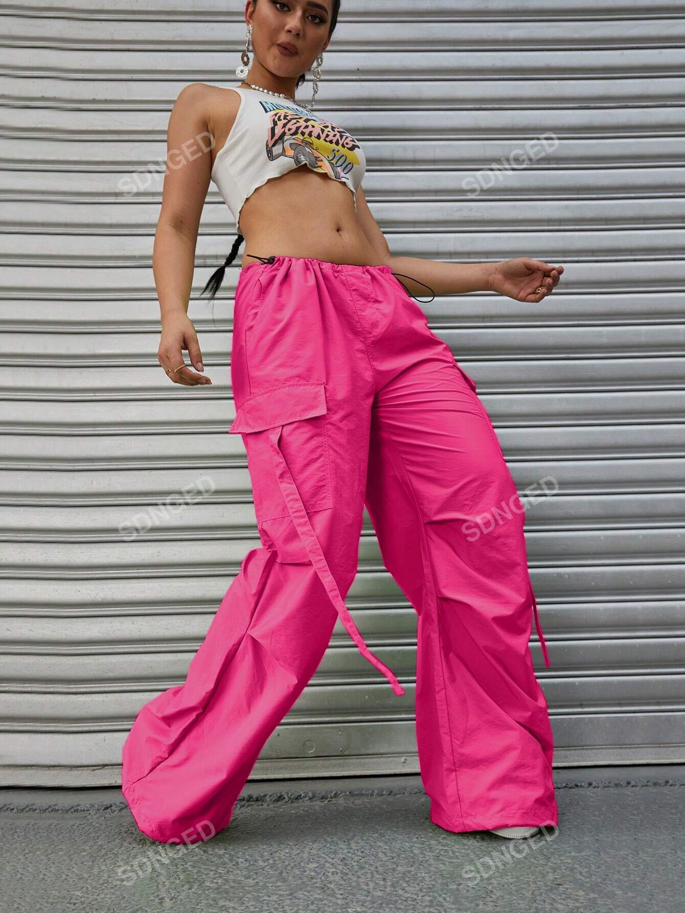 سروال المظلة موحدة اللون جيب قلاب رباط خصر