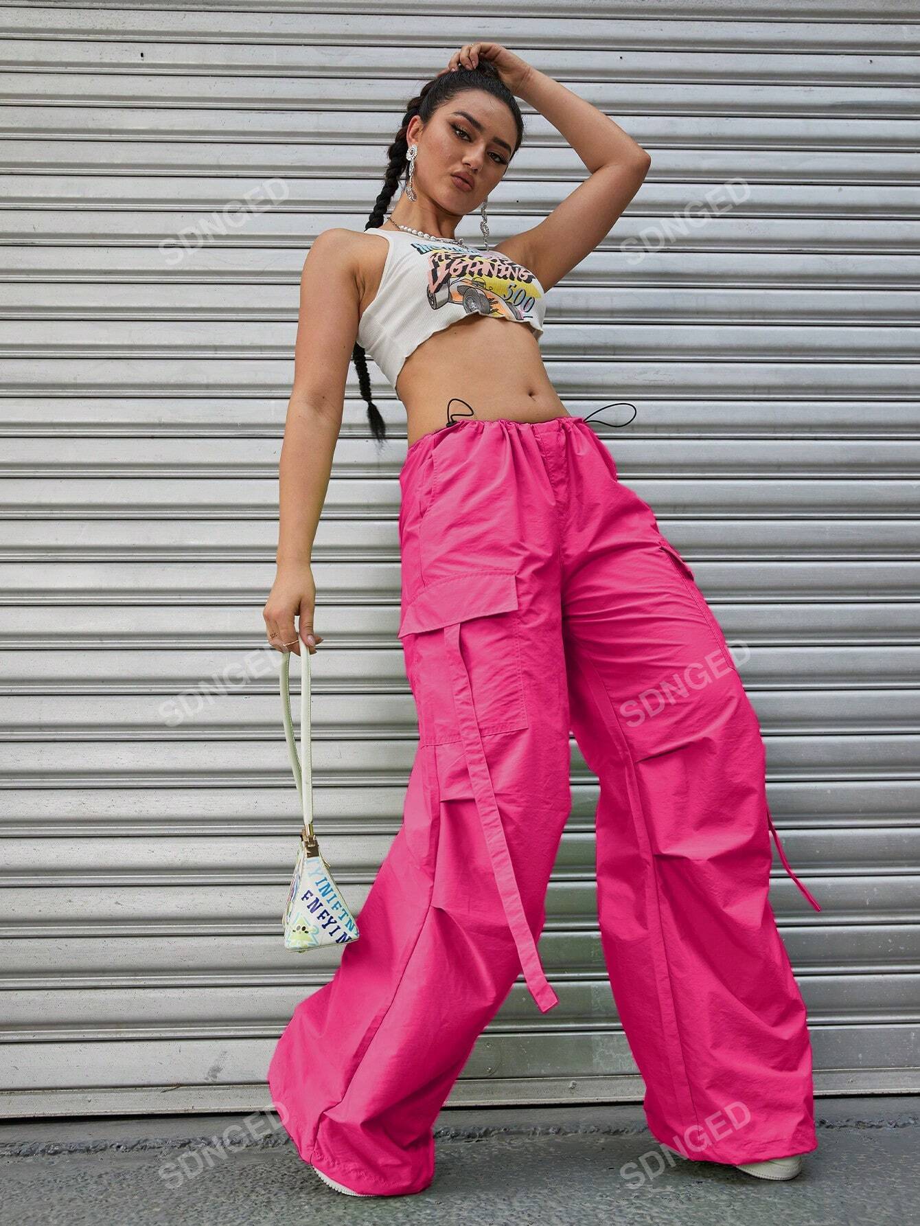 سروال المظلة موحدة اللون جيب قلاب رباط خصر