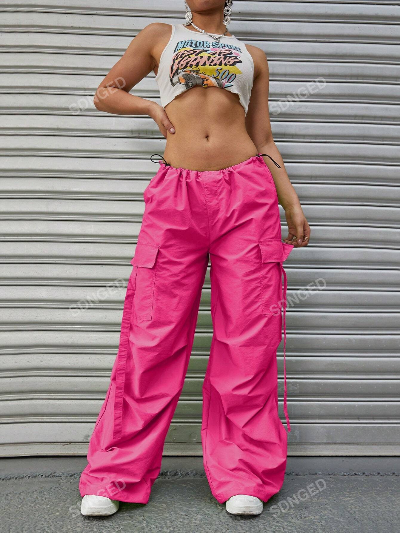 سروال المظلة موحدة اللون جيب قلاب رباط خصر