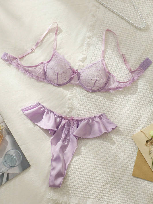 طقم ملابس داخلية دانتيل زهري حلقة معدني