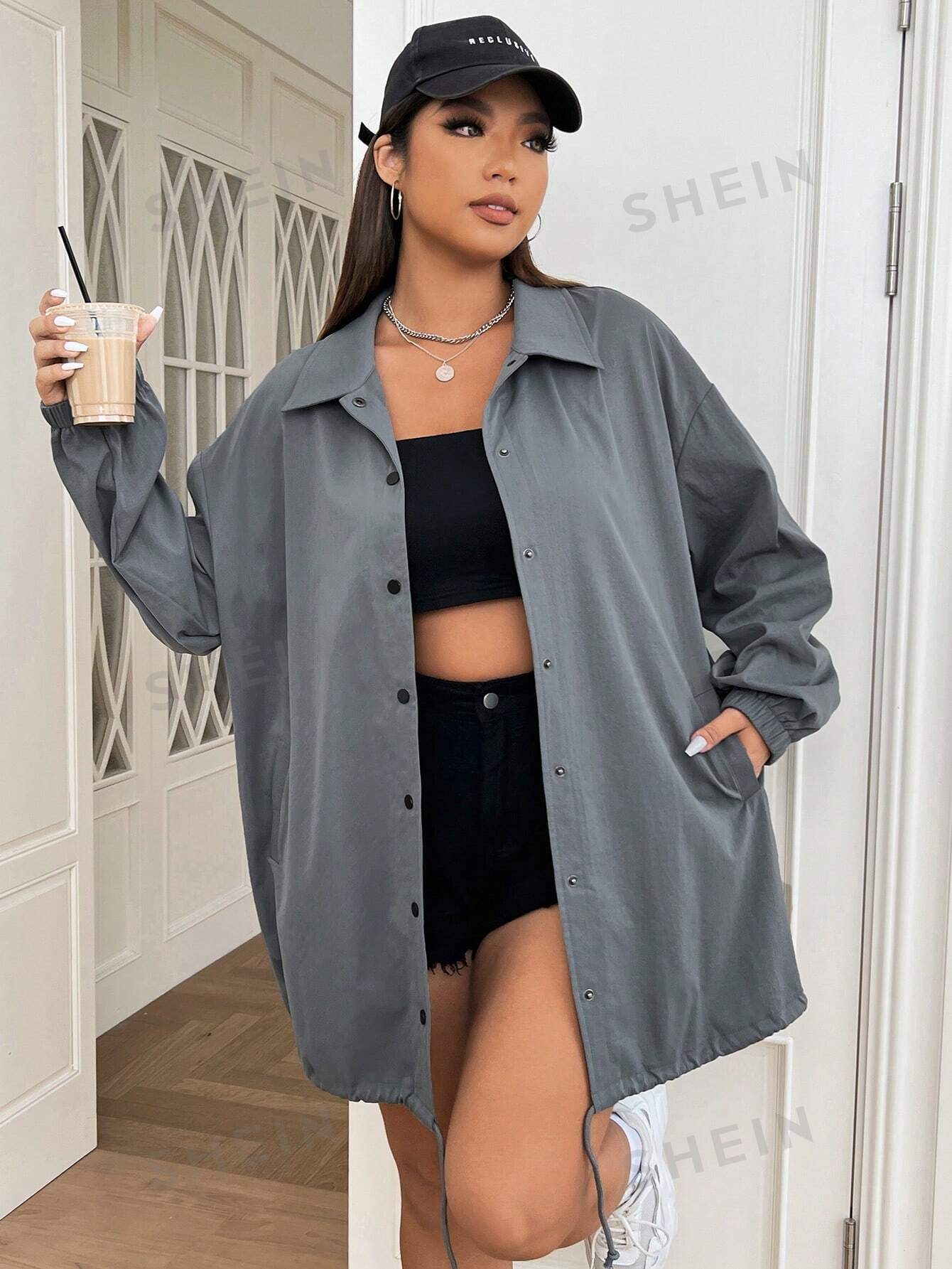 جاكيت منخفض الاكتاف حافة رباط مقاس كبير