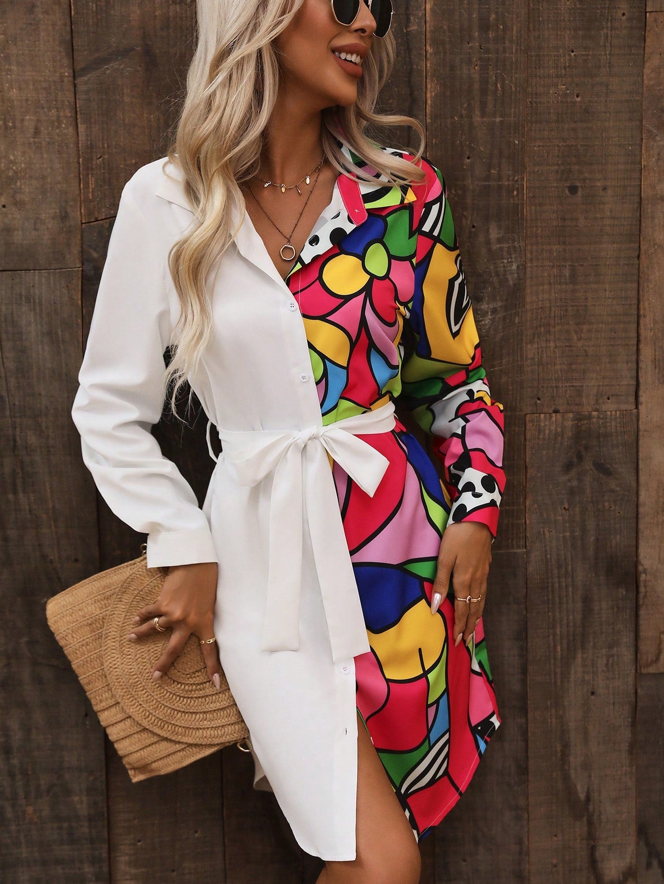 فستان قميص طباعة الأزهار بدون حزام